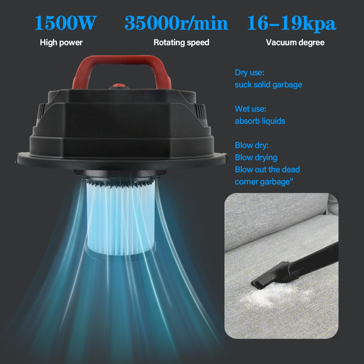 19000Pa Vacuum Cleaner Wet And Dry 20L Cylinder Powerful Compact Blower Cleaner