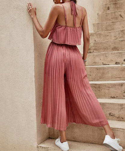 Women's Summer Solid Color Vacation Loose Suit Strap Backless Thin Romper Streetwear INS One-Piece Outfit Beach Style Striped Wide Leg Trousers Casual Suit