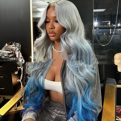Gradient Color Headgear Gray Blue Female- Human hair- Colored Hair