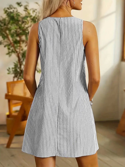 Summer Fashion Striped Patchwork Commuting U-Neck Sleeveless Pockets Back Button Casual Straight Slimming Mini Dress For Women