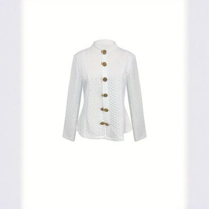 Women's Fashionable Solid Color Textured Fabric Stand Up Collar Jacket