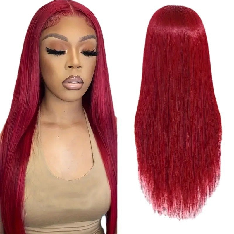 Front-lace Black Middle-parted Long Straight Hair For Women fluffy Natural And Stylish Full Wig 18-32 inches