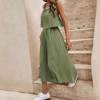 Women's Summer Solid Color Vacation Loose Suit Strap Backless Thin Romper Streetwear INS One-Piece Outfit Beach Style Striped Wide Leg Trousers Casual Suit
