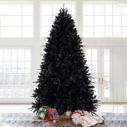 Pre-lit Black Christmas Tree With White Lights Artificial Fake Christmas Tree With PE&PVC Branch Tips For Halloween And Xmas Tree For Holiday Decorations, Metal Stand And Hinged Branches
