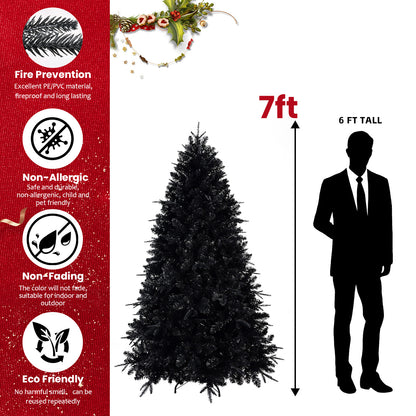 Pre-lit Black Christmas Tree With White Lights Artificial Fake Christmas Tree With PE&PVC Branch Tips For Halloween And Xmas Tree For Holiday Decorations, Metal Stand And Hinged Branches