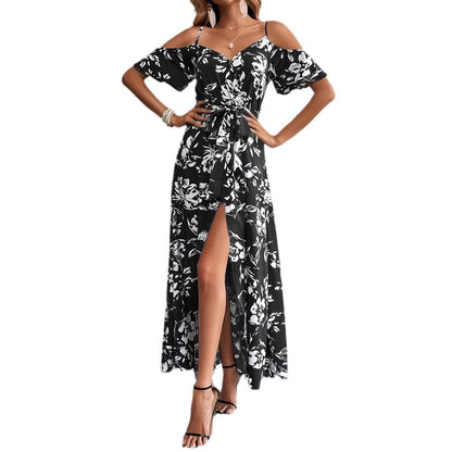 Ins Off-Shoulder Split Dress Summer Floral Print Suspender Long Dresses With Belt Design Women's Beach Clothing