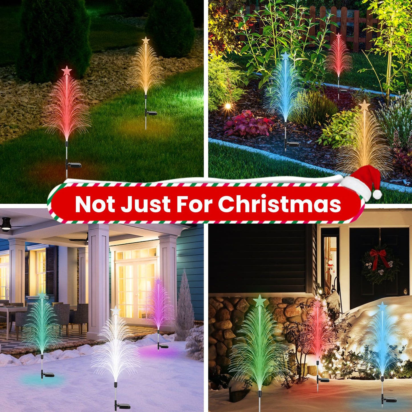 4Pack 7 Color Changing Solar Christmas Tree Lights Outdoor Optical Fiber Stake Lights Cedar Tree Lights With Topper Star IP44 Waterproof For Garden Yard Pathway Lawn