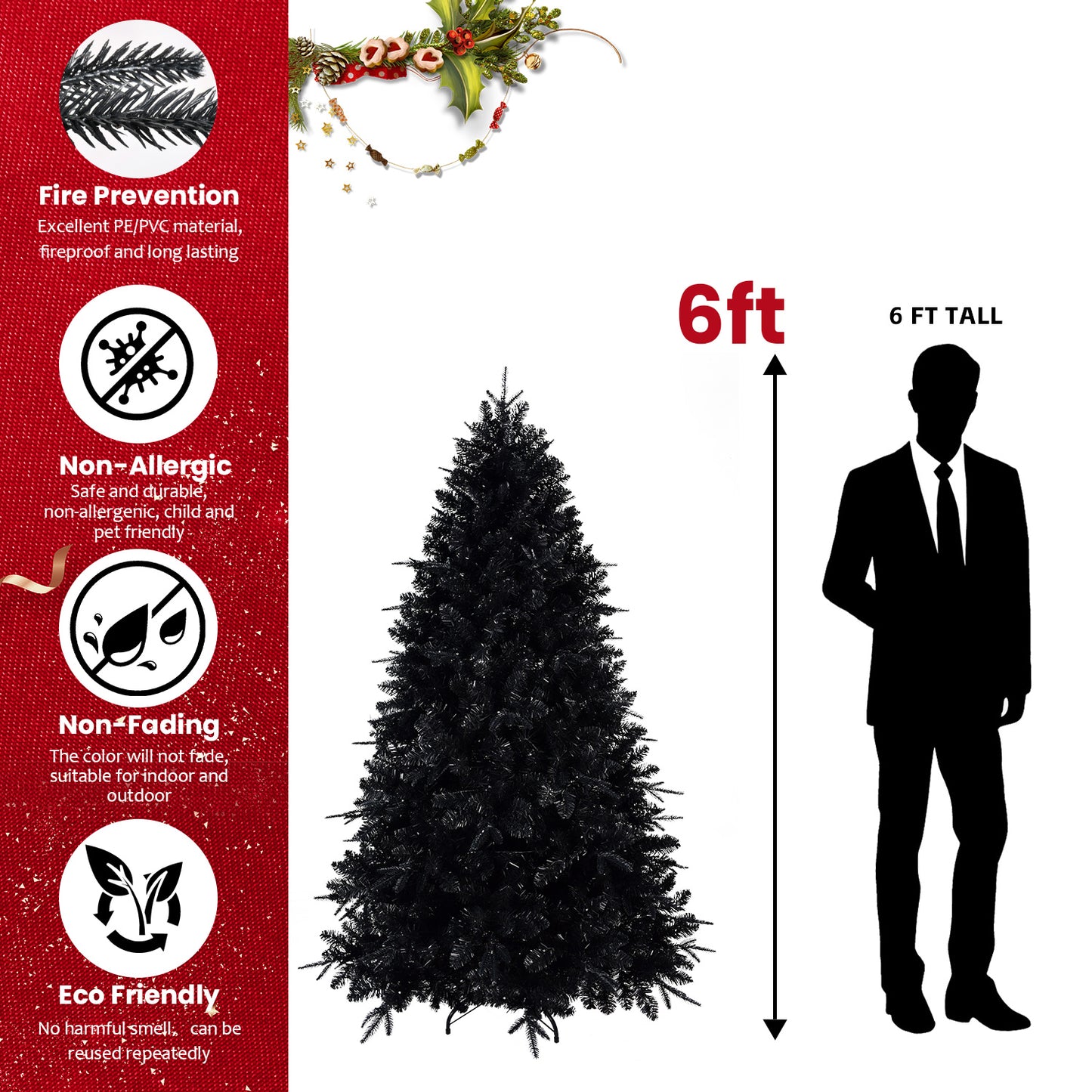 Pre-lit Black Christmas Tree With White Lights Artificial Fake Christmas Tree With PE&PVC Branch Tips For Halloween And Xmas Tree For Holiday Decorations, Metal Stand And Hinged Branches