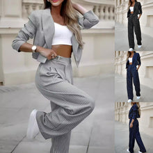 Women's Spring Fashion Striped Suits Casual Lapel Long Sleeve Cropped Top And Straight Pants Outfits Women's Clothing