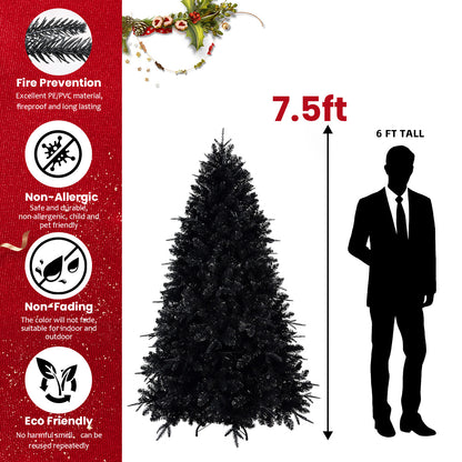 Pre-lit Black Christmas Tree With White Lights Artificial Fake Christmas Tree With PE&PVC Branch Tips For Halloween And Xmas Tree For Holiday Decorations, Metal Stand And Hinged Branches