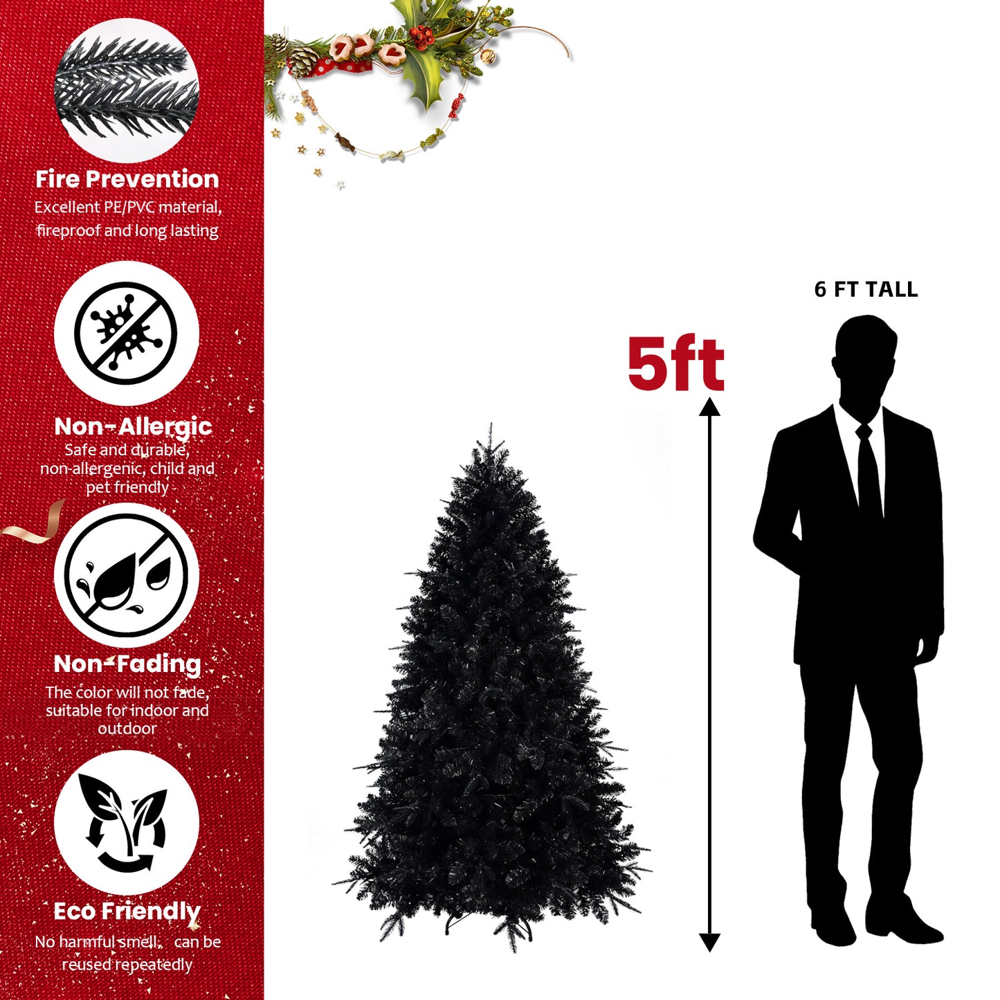 Pre-lit Black Christmas Tree With White Lights Artificial Fake Christmas Tree With PE&PVC Branch Tips For Halloween And Xmas Tree For Holiday Decorations, Metal Stand And Hinged Branches