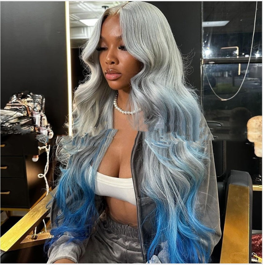 Gradient Color Headgear Gray Blue Female- Human hair- Colored Hair