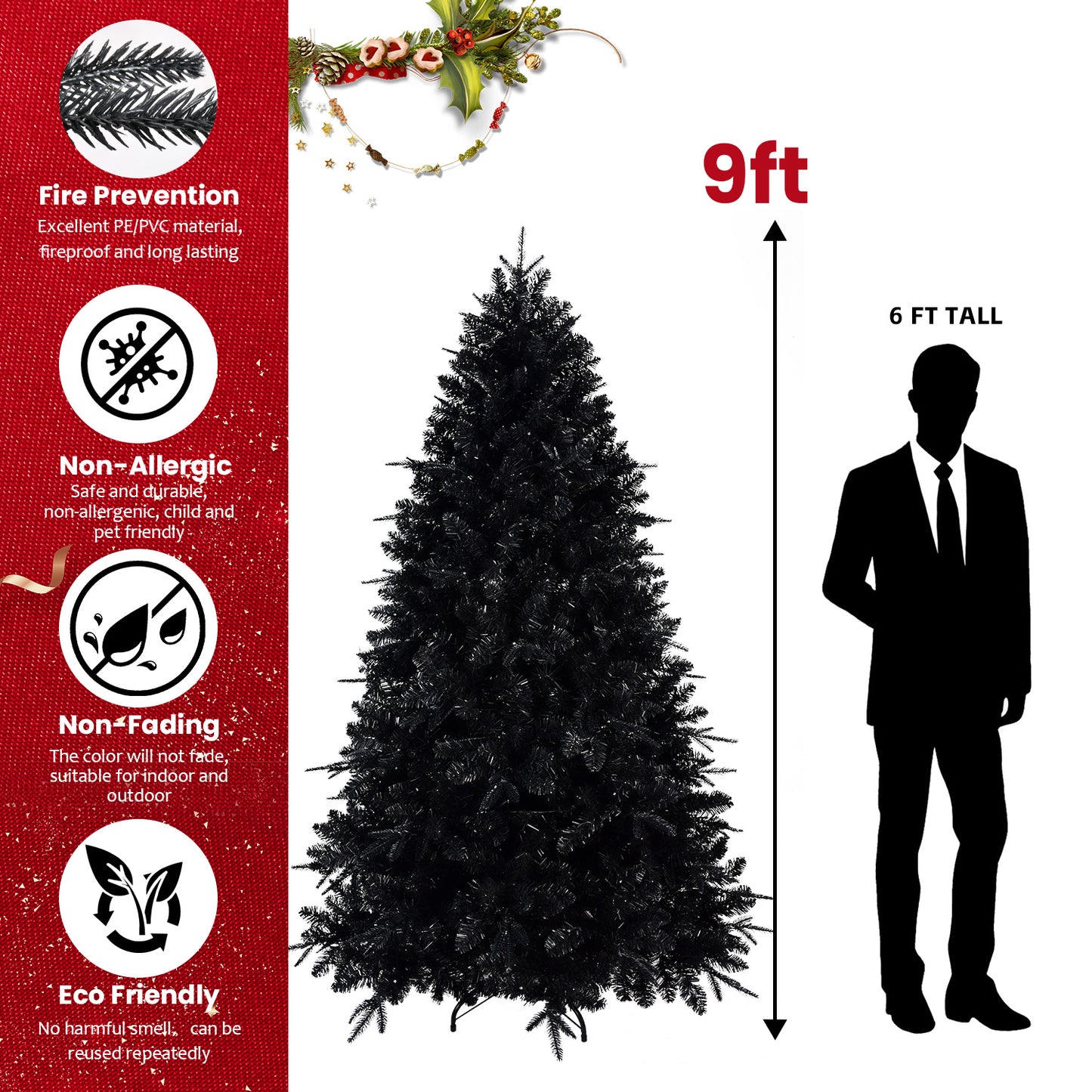 Pre-lit Black Christmas Tree With White Lights Artificial Fake Christmas Tree With PE&PVC Branch Tips For Halloween And Xmas Tree For Holiday Decorations, Metal Stand And Hinged Branches