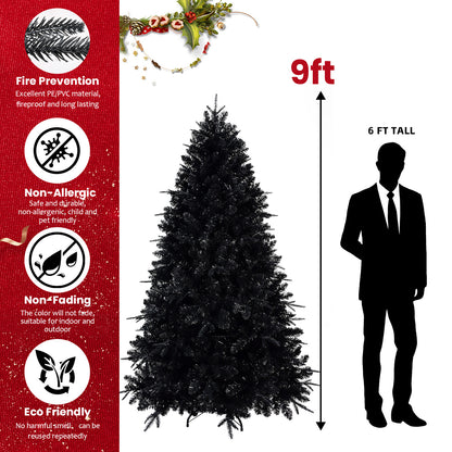 Pre-lit Black Christmas Tree With White Lights Artificial Fake Christmas Tree With PE&PVC Branch Tips For Halloween And Xmas Tree For Holiday Decorations, Metal Stand And Hinged Branches