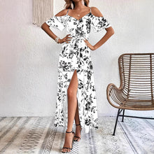 Ins Off-Shoulder Split Dress Summer Floral Print Suspender Long Dresses With Belt Design Women's Beach Clothing