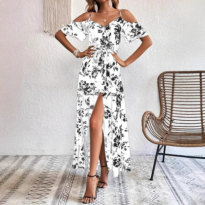 Ins Off-Shoulder Split Dress Summer Floral Print Suspender Long Dresses With Belt Design Women's Beach Clothing