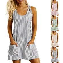 Summer Fashion Striped Patchwork Commuting U-Neck Sleeveless Pockets Back Button Casual Straight Slimming Mini Dress For Women