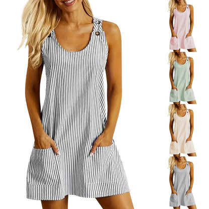 Summer Fashion Striped Patchwork Commuting U-Neck Sleeveless Pockets Back Button Casual Straight Slimming Mini Dress For Women