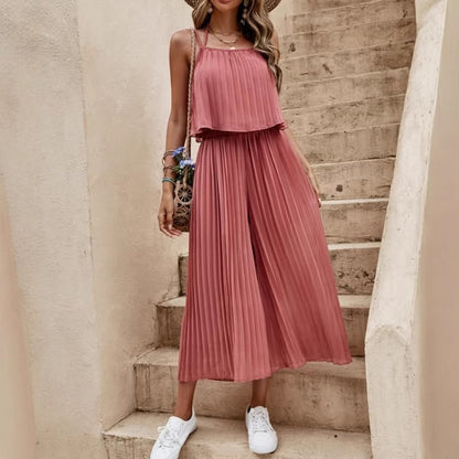 Women's Summer Solid Color Vacation Loose Suit Strap Backless Thin Romper Streetwear INS One-Piece Outfit Beach Style Striped Wide Leg Trousers Casual Suit