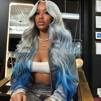 Gradient Color Headgear Gray Blue Female- Human hair- Colored Hair