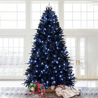 Pre-lit Black Christmas Tree With White Lights Artificial Fake Christmas Tree With PE&PVC Branch Tips For Halloween And Xmas Tree For Holiday Decorations, Metal Stand And Hinged Branches