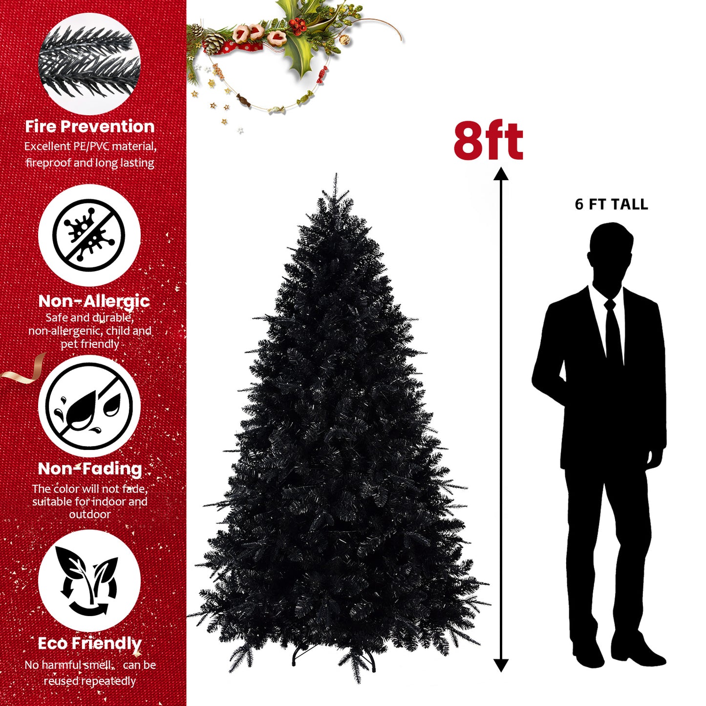 Pre-lit Black Christmas Tree With White Lights Artificial Fake Christmas Tree With PE&PVC Branch Tips For Halloween And Xmas Tree For Holiday Decorations, Metal Stand And Hinged Branches