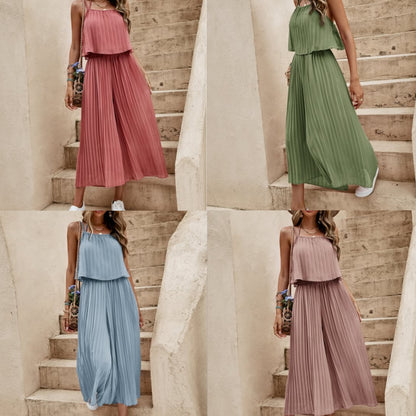 Women's Summer Solid Color Vacation Loose Suit Strap Backless Thin Romper Streetwear INS One-Piece Outfit Beach Style Striped Wide Leg Trousers Casual Suit