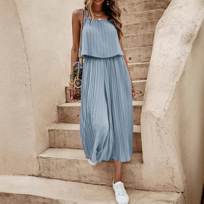 Women's Summer Solid Color Vacation Loose Suit Strap Backless Thin Romper Streetwear INS One-Piece Outfit Beach Style Striped Wide Leg Trousers Casual Suit
