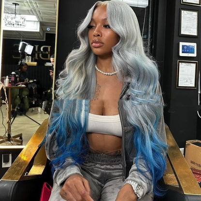 Gradient Color Headgear Gray Blue Female- Human hair- Colored Hair