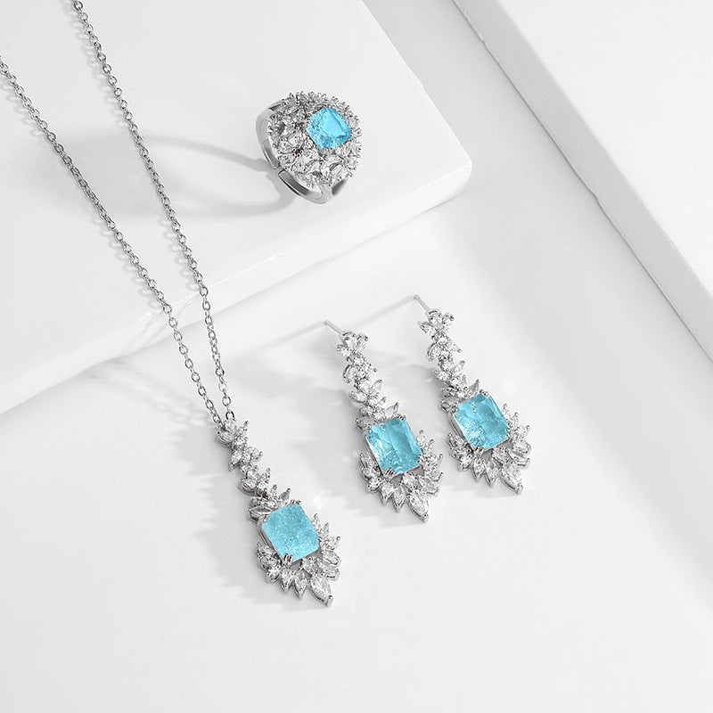Designer Model Light Luxury Colored Gems Blue Jewelry Suit Ladies